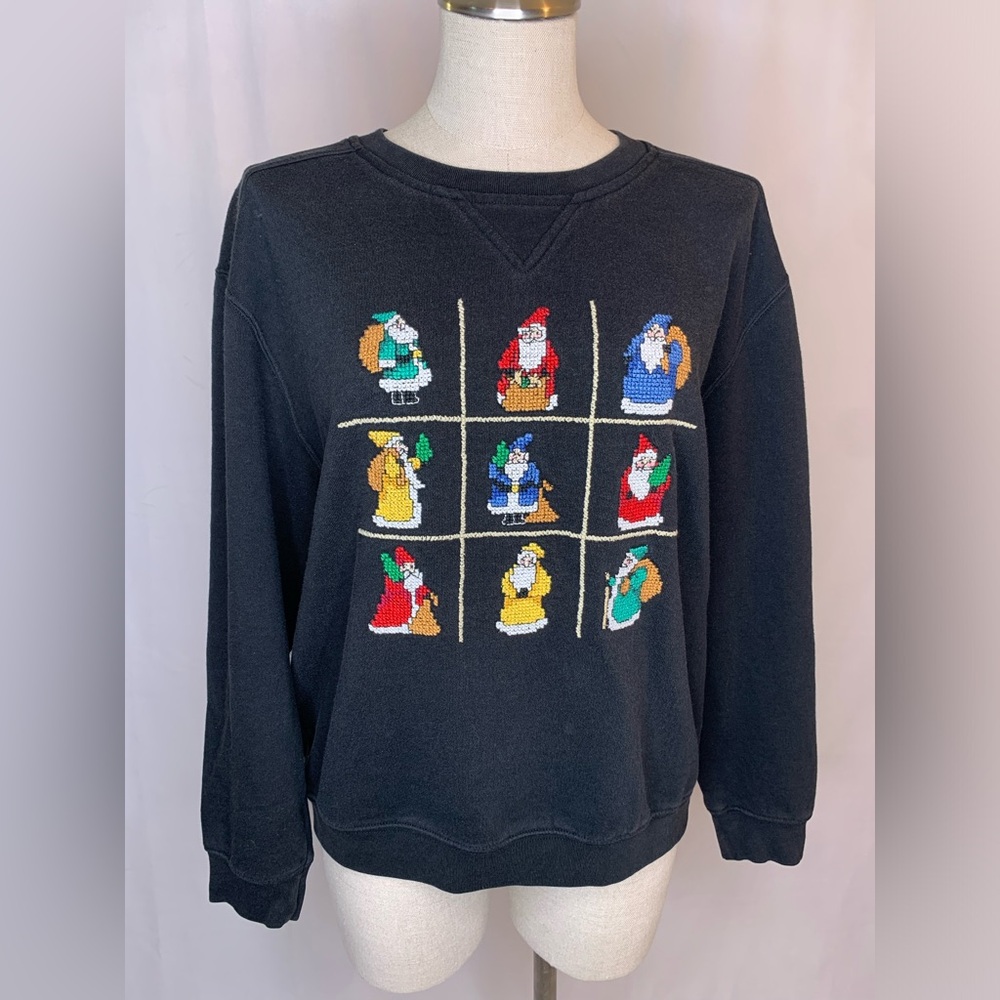 Vintage ugly Christmas sweater large black crewneck pullover Cross-stitch Santa